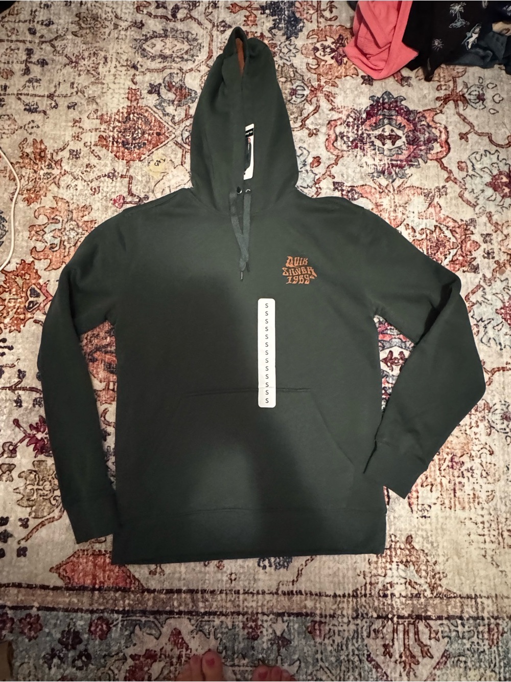 Quiksilver Forest Green Pullover Hoodie with Rust Script